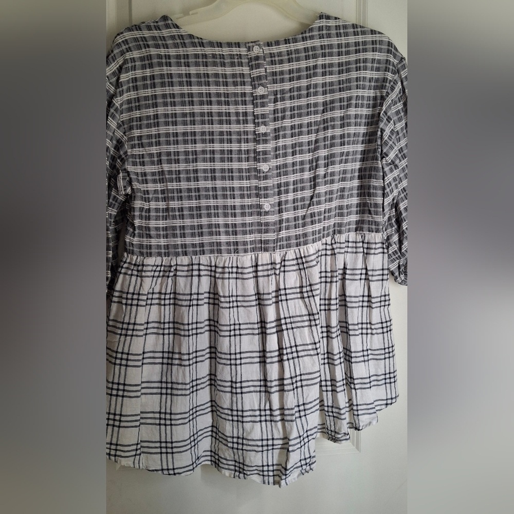 Oddy blue lace sleeve blouse sz L Plaid Goth Lagenlook Casual Romantic Western - Picture 3 of 11